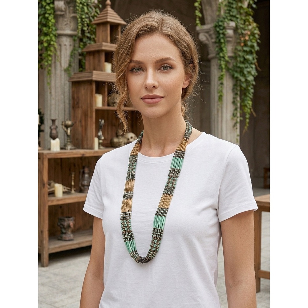 Boho Multi Strand Seed Bead Hand crafted Necklace Turquoise Gold Geometric Woven